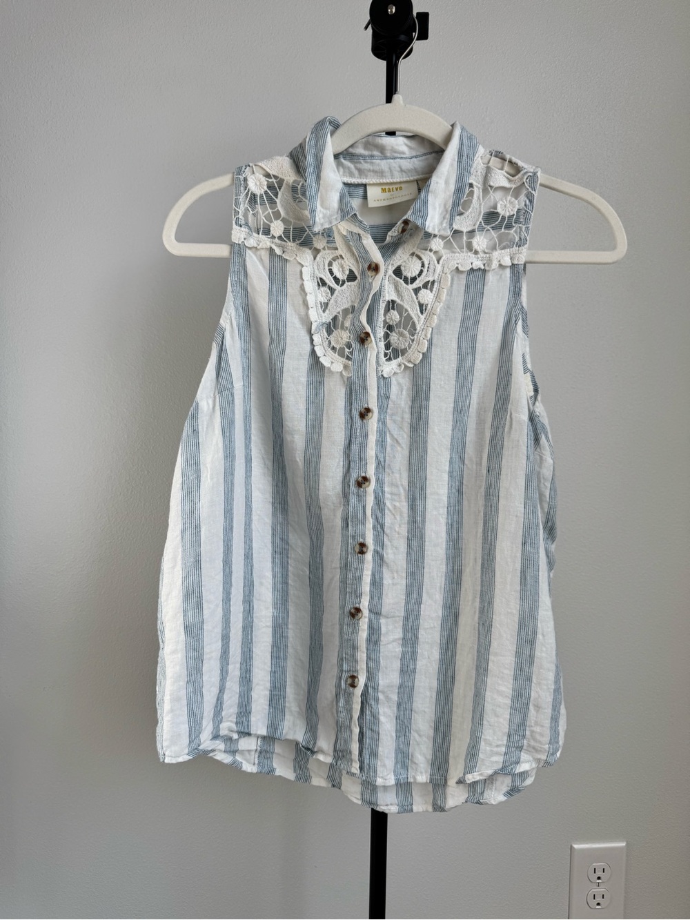 Anthropologie Blue and White Striped Lace-Collar Sleeveless Top